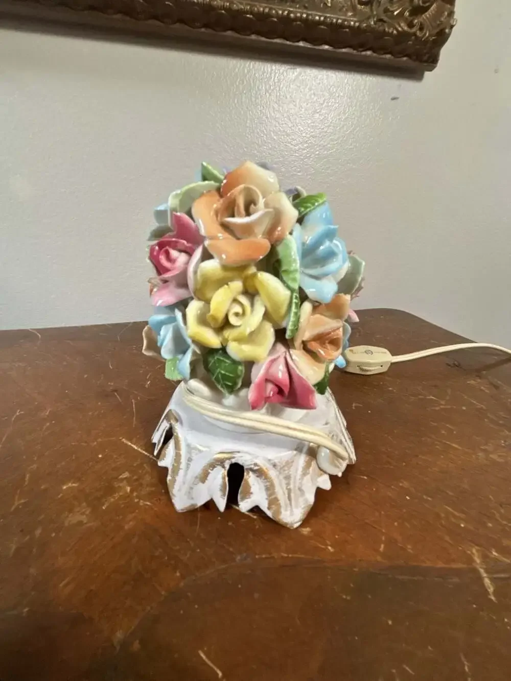 Vintage Capodimonte Ceramic Floral Rose Arrangement Night Light Lamp Base